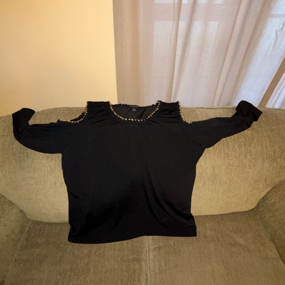 Ashley Stewart Black Cold-Shoulder Top with Gold Trim